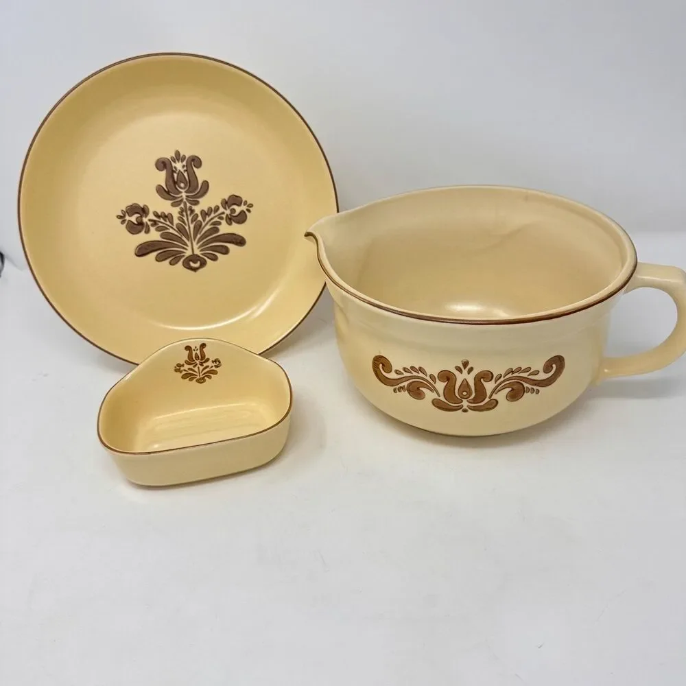 Vintage Pfaltzgraff Village Stoneware Batter Bowl Plate Dish 3pc Lot - READ